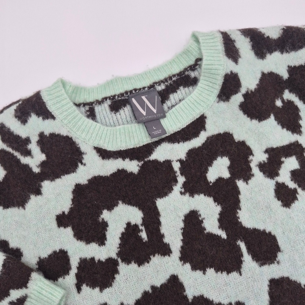 Worthington Womens Mint Green Brown Leopard Print Short Sleeve Sweater Large